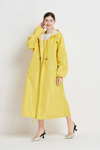 Size M Yellow Women's Chic Lightweight Waterproof Raincoat - Long Hooded Packable Rain Jacket with Pouch