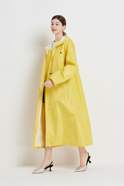 Size M Yellow Women's Chic Lightweight Waterproof Raincoat - Long Hooded Packable Rain Jacket with Pouch