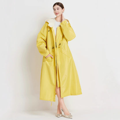 Size M Yellow Women's Chic Lightweight Waterproof Raincoat - Long Hooded Packable Rain Jacket with Pouch