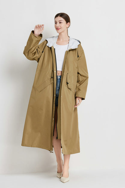 Size M Brown Women's Chic Lightweight Waterproof Raincoat - Long Hooded Packable Rain Jacket with Pouch