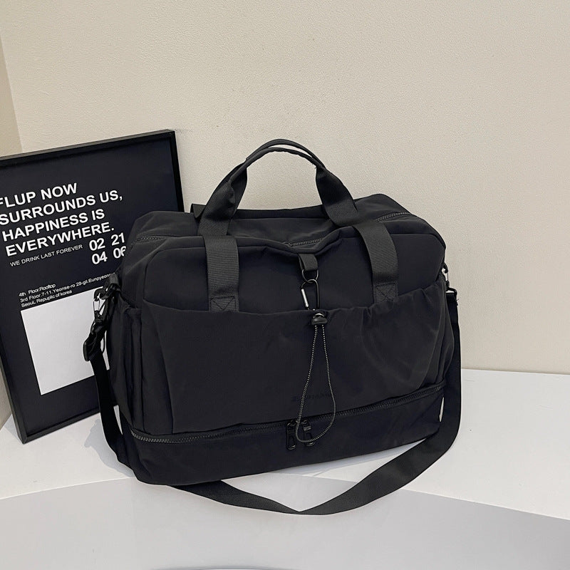 Black Large Capacity Travel Bag with Wet/Dry Separation - Canvas + Polyester, Lightweight Handbag for Short Trips and Fitness, Fits on Luggage