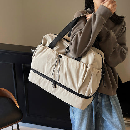 Beige and Black Large Capacity Travel Bag with Wet/Dry Separation - Canvas + Polyester, Lightweight Handbag for Short Trips and Fitness, Fits on Luggage