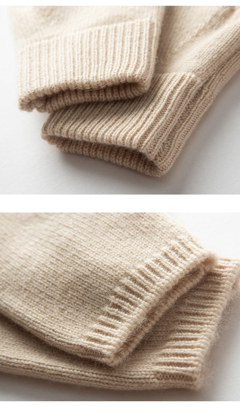 Beige Color Block Cashmere Fingerless Gloves for Women Autumn Winter Outdoor Cold Protection Warm Knitted Gloves
