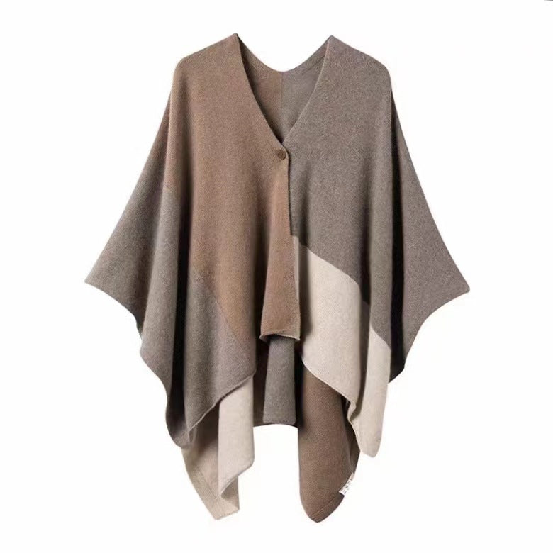 Brown Pure Wool Extra Large Shawl Scarf Color Block Multi-functional Warm Cashmere Cape Poncho