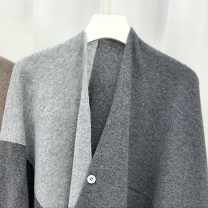 Grey Pure Wool Extra Large Shawl Scarf Color Block Multi-functional Warm Cashmere Cape Poncho