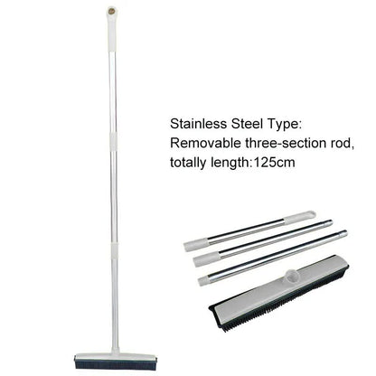 Light Grey and Silver Versatile Pet Hair Remover Rubber Broom & Squeegee - 125cm Adjustable Stainless Steel Handle for Carpets, Floors & Windows