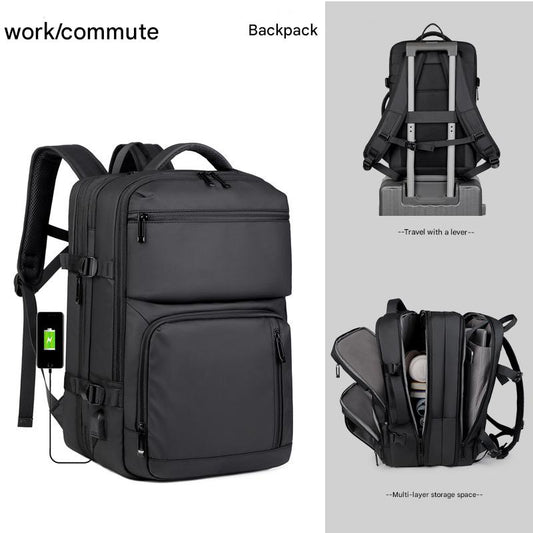 Black Expandable Business Travel Backpack with USB Charging Port - Water-Resistant Laptop Bag for Commuting & Carry-On