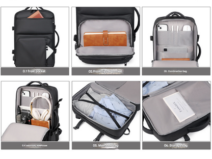 Black Expandable Business Travel Backpack with USB Charging Port - Water-Resistant Laptop Bag for Commuting & Carry-On