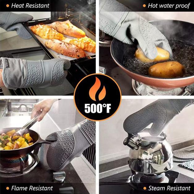 Black 6-Piece Silicone Oven Mitts and Pot Holders Set - Extra Long Waterproof Heat Resistant Gloves with Non-Slip Grip for Kitchen Baking BBQ