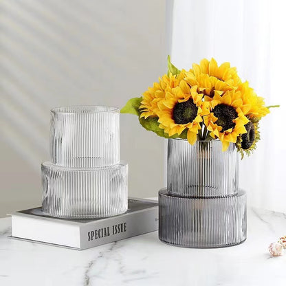 Transparent Modern Two-Tier Ribbed Glass Vase - Elegant Cylindrical Flower Centrepiece for Home Decor
