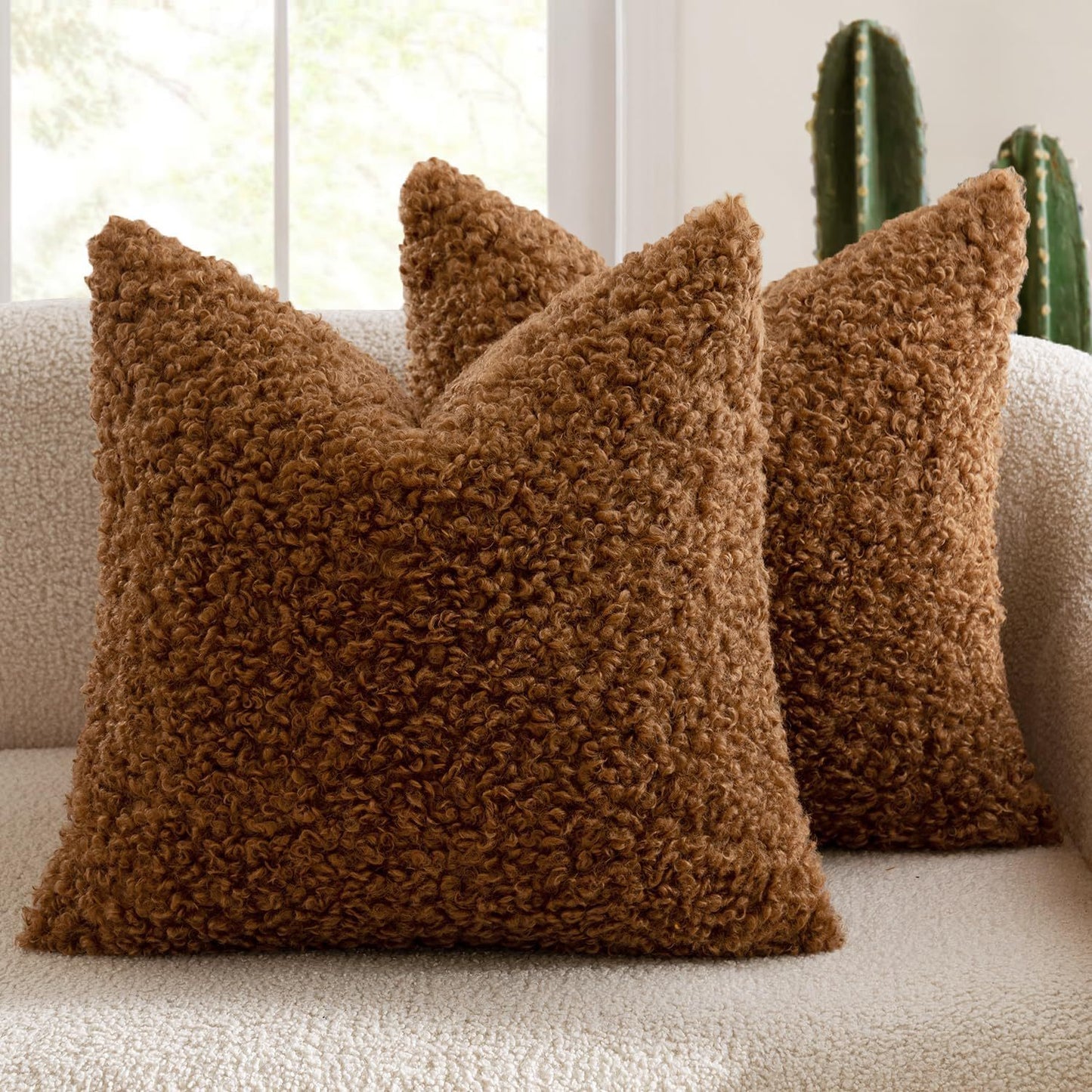 2 Pcs Brown Cozy Teddy Boucle Cushion Cover - Plush Decorative Square Pillow Case for Sofa & Bed