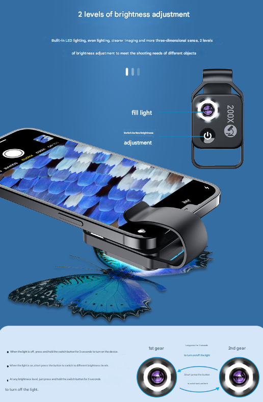 Black Portable 200X Clip-On Microscope Lens for Smartphone - HD Pocket Magnifier with CPL Filter and LED Light(excluding mobile phones)