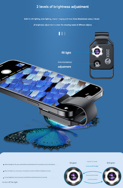Black Portable 200X Clip-On Microscope Lens for Smartphone - HD Pocket Magnifier with CPL Filter and LED Light(excluding mobile phones)