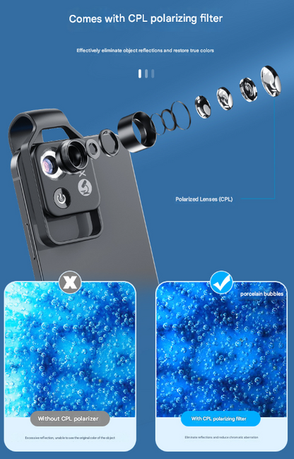 Black Portable 200X Clip-On Microscope Lens for Smartphone - HD Pocket Magnifier with CPL Filter and LED Light(excluding mobile phones)