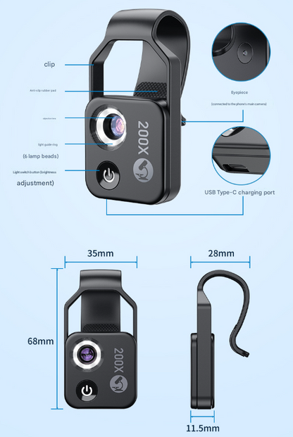 Black Portable 200X Clip-On Microscope Lens for Smartphone - HD Pocket Magnifier with CPL Filter and LED Light(excluding mobile phones)