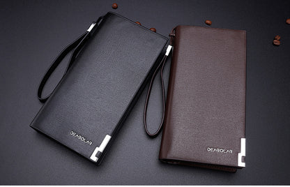 Black Men's Business Casual Long Wallet Clutch - PU Leather Large Capacity Phone & Card Holder with Wrist Strap