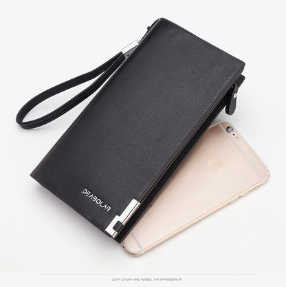 Black Men's Business Casual Long Wallet Clutch - PU Leather Large Capacity Phone & Card Holder with Wrist Strap