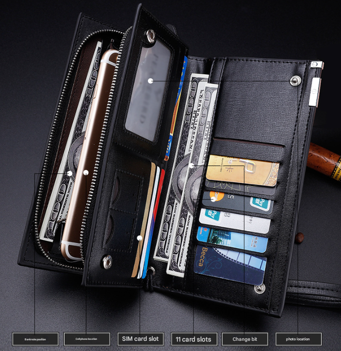 Black Men's Business Casual Long Wallet Clutch - PU Leather Large Capacity Phone & Card Holder with Wrist Strap