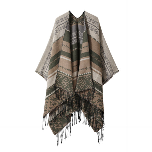 Grey Coffee Palindrome Fringe Bohemian Fringe Shawl Cloak - 160 x 135 cm Ethnic Inner Mongolia Style Double-Sided Scarf Cape