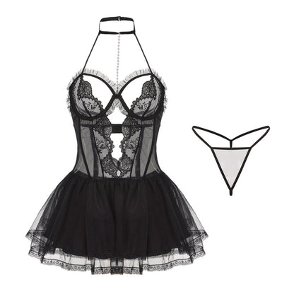 Black Sexy Sheer Lace Nightgown Set - Tempting Lingerie Uniform for Women