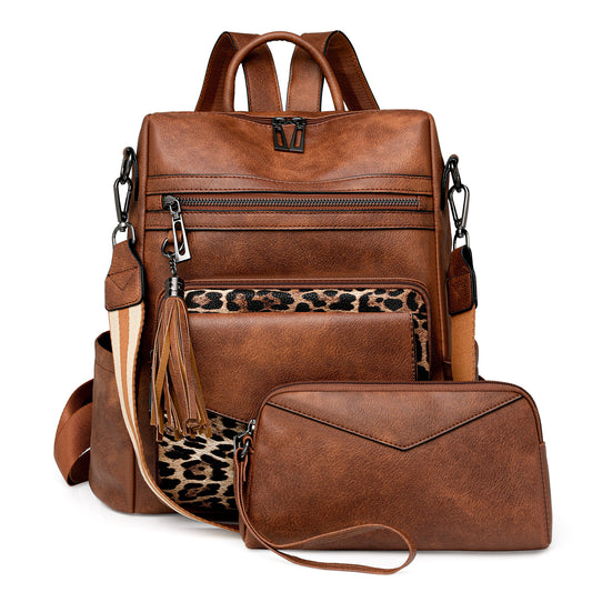 Brown with Leopard Print Women's Retro PU Leather Backpack - Dual-Color Tassel Design, Winter High-End Style