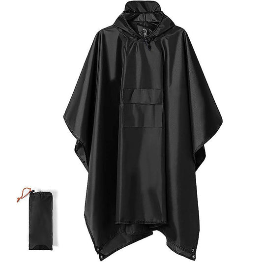Black 3-in-1 Waterproof Rain Poncho - Lightweight Hooded Raincoat, Ground Tarp & Emergency Shelter for Hiking, Camping, and Outdoor Survival