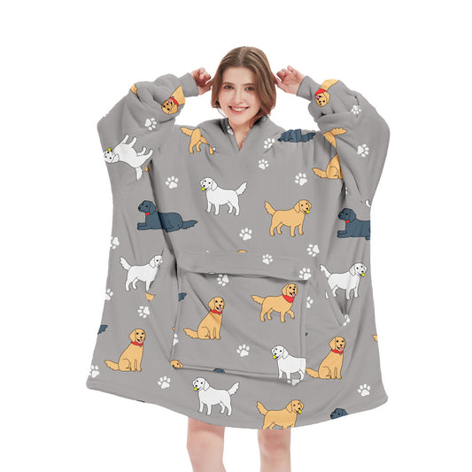 Grey Dog Pattern Oversized Wearable Blanket Hoodie - Ultra Soft & Cozy Snuggle Pullover for Adults