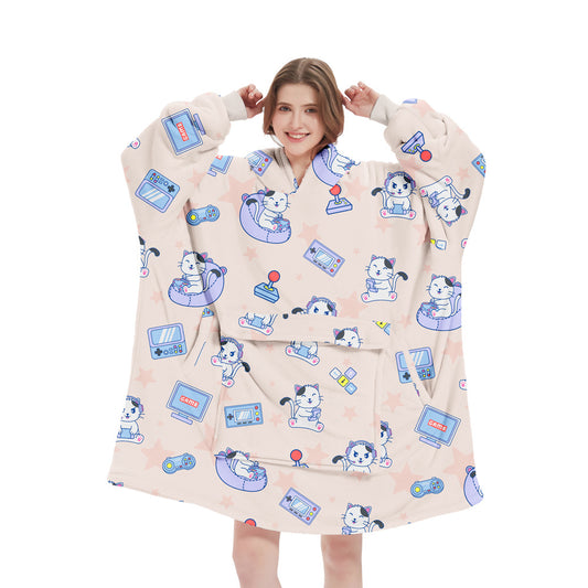 Pink Pattern Oversized Wearable Blanket Hoodie - Ultra Soft & Cozy Snuggle Pullover for Adults