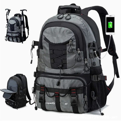 Grey 40L Large Capacity Travel Backpack - Water-Resistant Hiking Rucksack with USB Charging Port