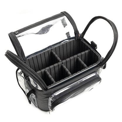 Black Professional Clear Makeup Case - Portable PVC Cosmetic Organizer with Adjustable Dividers & Shoulder Strap