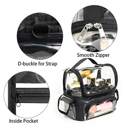 Black Professional Clear Makeup Case - Portable PVC Cosmetic Organizer with Adjustable Dividers & Shoulder Strap