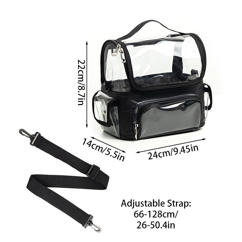 Black Professional Clear Makeup Case - Portable PVC Cosmetic Organizer with Adjustable Dividers & Shoulder Strap