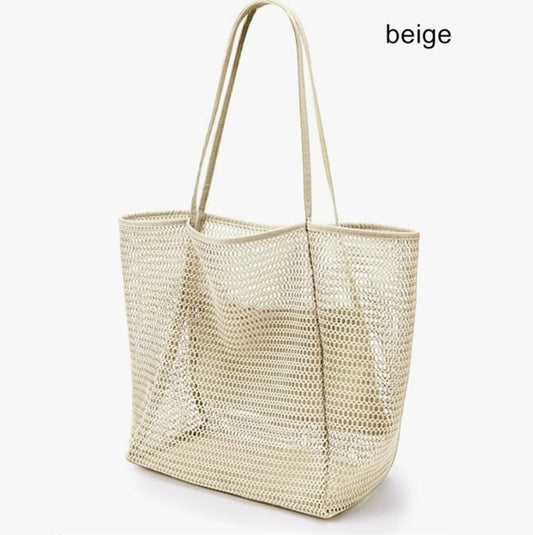 Beige Large Mesh Beach Tote Bag - Lightweight & Foldable Shoulder Bag with Secure Zipper Pocket