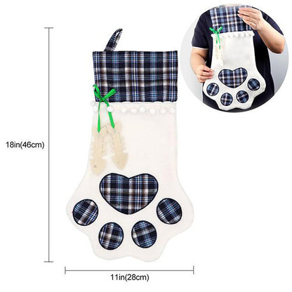 Blue Large Plaid Dog Paw Christmas Stocking - Festive Fireplace Decor for Pet Lovers