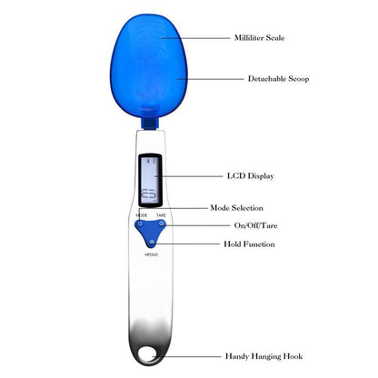 Blue High Precision Digital Spoon Scale - Electronic Measuring Scoop with 3 Heads for Kitchen & Baking(500g)