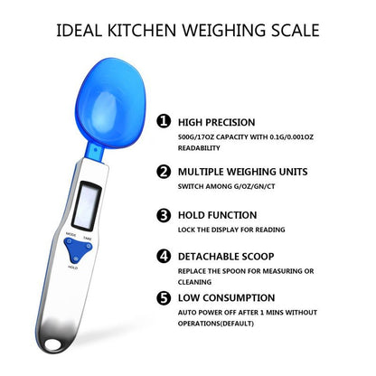 Blue High Precision Digital Spoon Scale - Electronic Measuring Scoop with 3 Heads for Kitchen & Baking(500g)