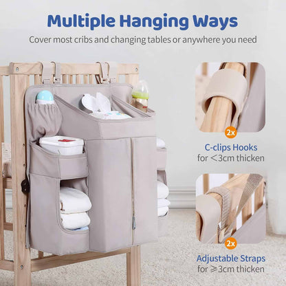 Grey Foldable Baby Crib Storage Hanging Bag - Large Capacity Organizer for Cribs and Changing Tables