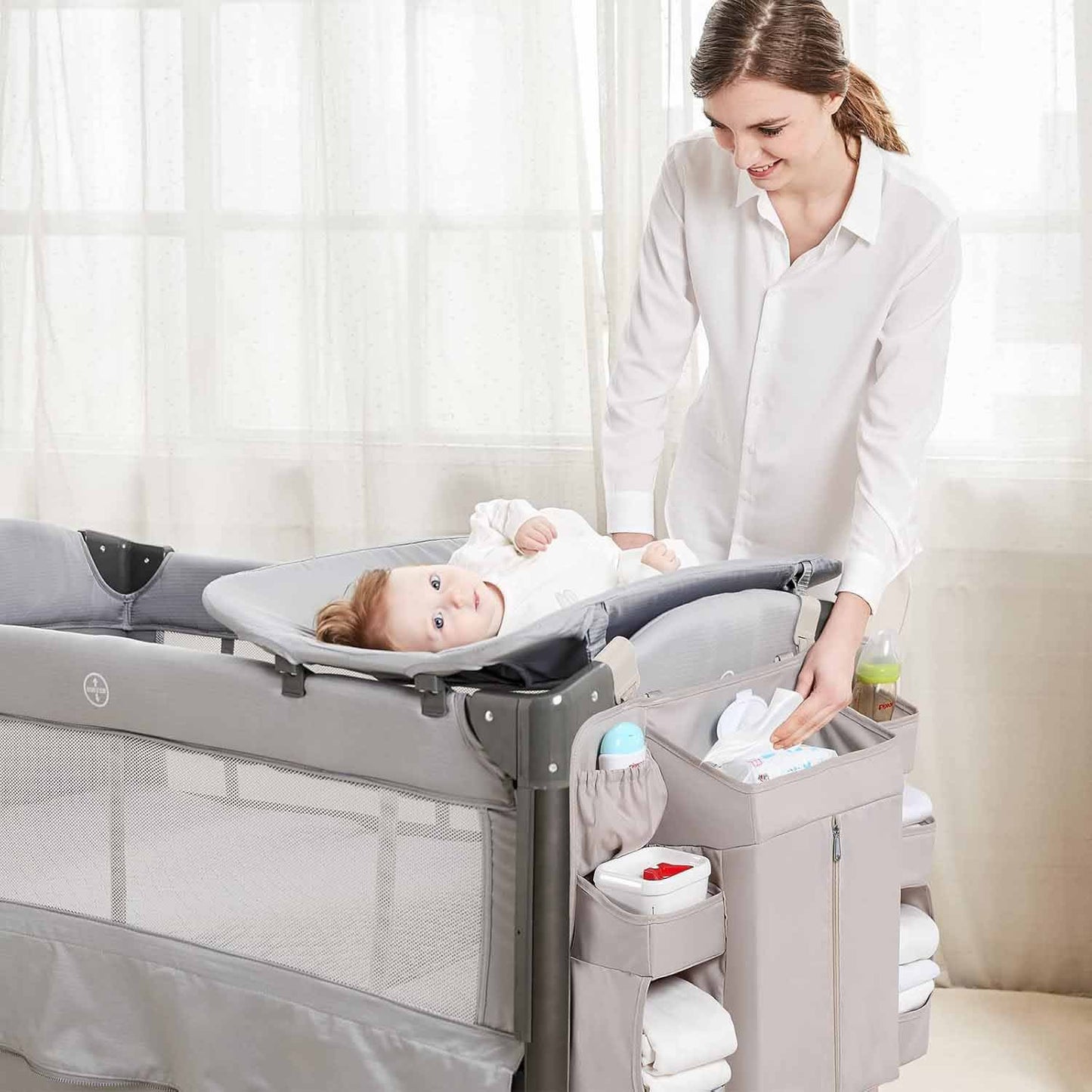 Dark grey Foldable Baby Crib Storage Hanging Bag - Large Capacity Organizer for Cribs and Changing Tables