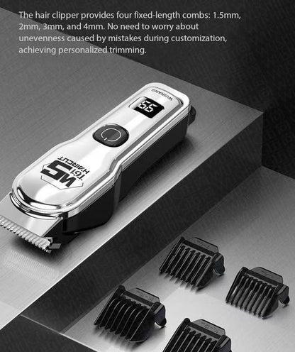 Silver Professional Cordless Hair Clippers - USB Rechargeable Trimmer with LED Display for Barbers & Home Grooming