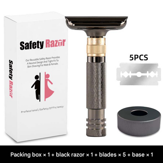 Black Premium Adjustable Double Edge Safety Razor Kit - 8-Setting Precision Shave with Stand & 5 Blades