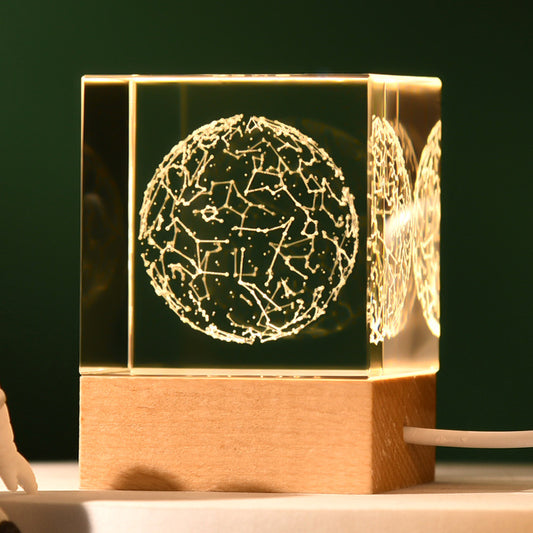Constellation Luminous 3D Crystal Cube Night Light - Laser Engraved Artwork with Solid Wood Base