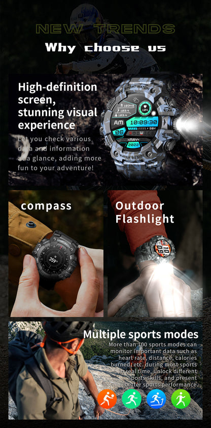 Rugged Outdoor Sport Smartwatch - HD Display, Compass, Flashlight, 100+ Sports Modes, Health Monitoring & Bluetooth Calls(Camouflage blue)