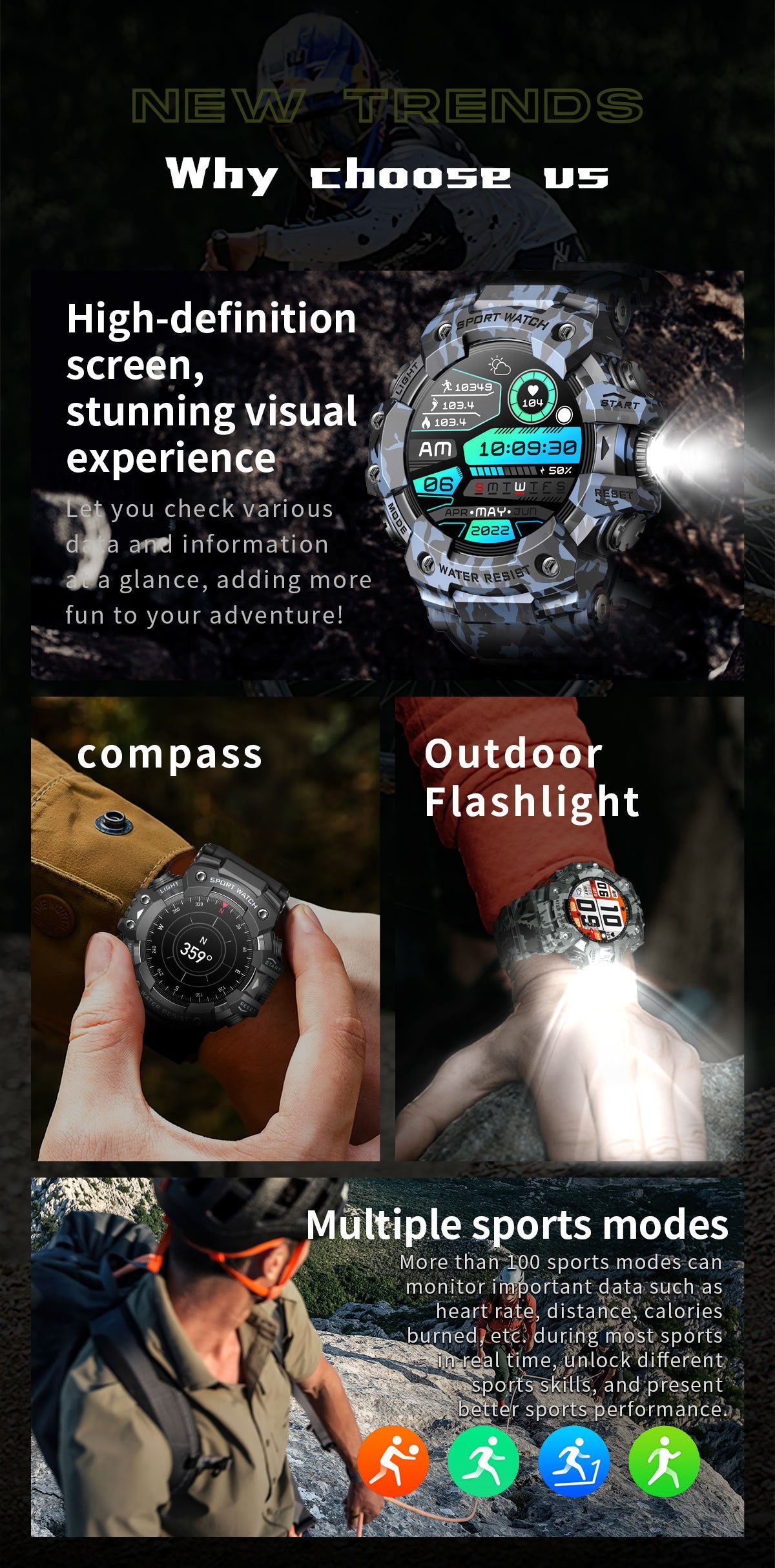 Rugged Outdoor Sport Smartwatch - HD Display, Compass, Flashlight, 100+ Sports Modes, Health Monitoring & Bluetooth Calls(Illusion pink)