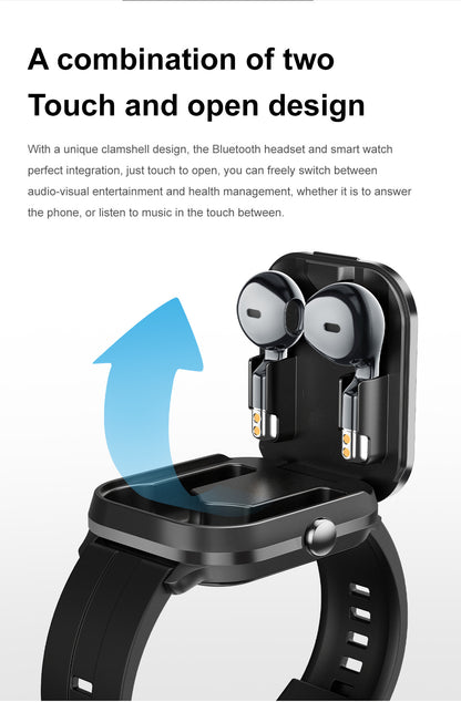 Smartwatch with Built-in TWS Earbuds & Silicone Sleeve - 2.01 HD Screen  Health Monitoring Bluetooth Calls & Music(Black rubber)"