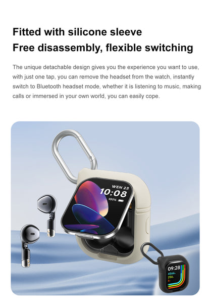 Smartwatch with Built-in TWS Earbuds & Silicone Sleeve - 2.01 HD Screen  Health Monitoring Bluetooth Calls & Music(Black rubber)"