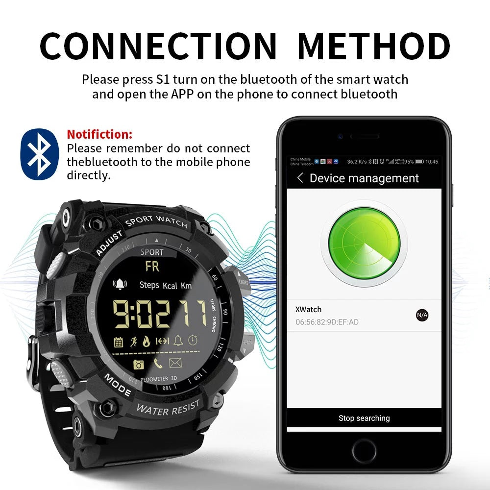Rugged Sports Smartwatch - 50M Waterproof, 24H 3D Pedometer, Bluetooth Notifications & Long Battery Life(Black with white text)
