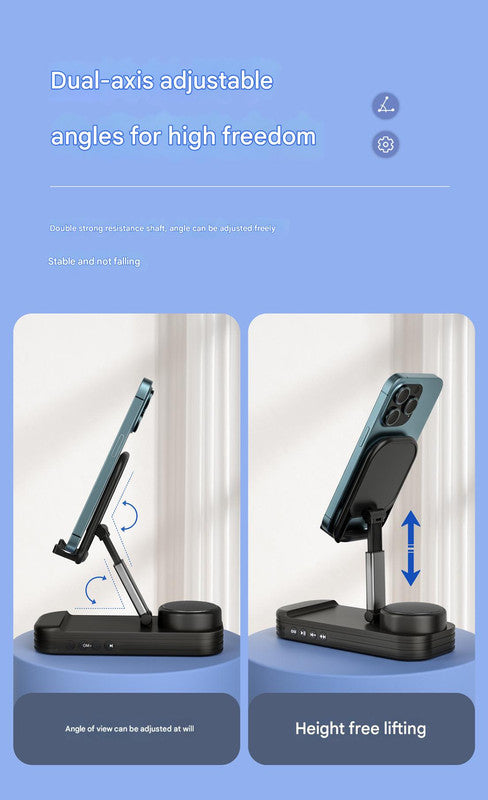 Foldable Desktop Phone Stand with Bluetooth 5.3 Speaker - Adjustable Angle & Height, TF/Line-In(black)