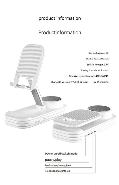 Foldable Desktop Phone Stand with Bluetooth 5.3 Speaker - Adjustable Angle & Height, TF/Line-In(black)