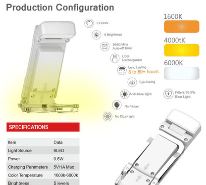 Portable Clip-On LED Reading Light - USB Rechargeable, 3 Color Modes & 5 Brightness Levels(black)