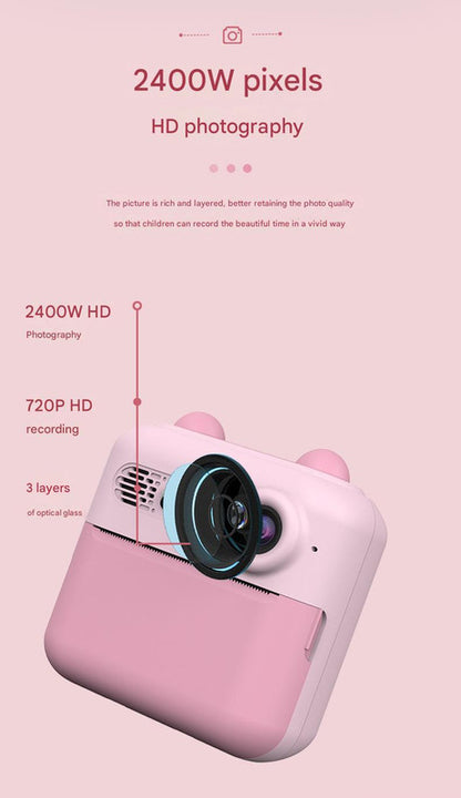 Kids Instant Print Digital Camera with 180°  Flip Lens - 24MP Photos, 720P Video & Doodle Fun(pink)